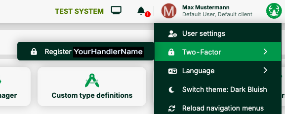 User interface showing registration and two-factor authentication options in a system.
